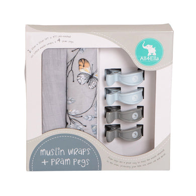 2 Pack Muslin Wraps & 4 Pegs - Butterfly & Grey - All4ella