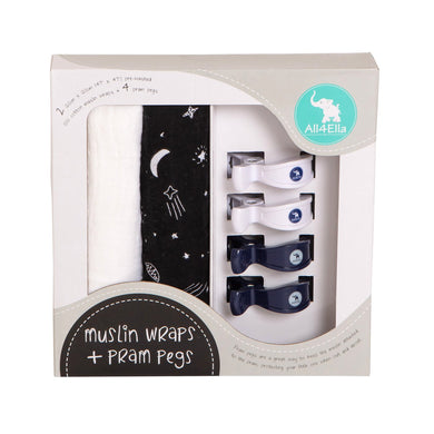 2 Pack Muslin Wraps & 4 Pegs - Shooting Star & White - All4ella